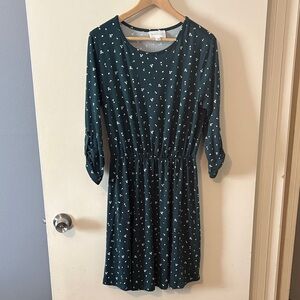 French Grey Teal Dress with White Floral Accents